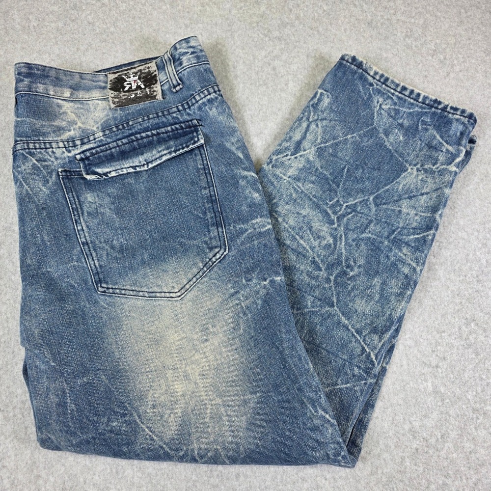 Red Ape Mens 44 Acid Wash Utility Cargo Denim Jeans Relaxed Straight Blue Cotton